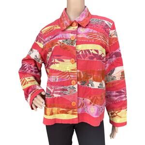 Coldwater Creek PL Patchwork Quilted Jacket, Red Floral Beaded Cotton Coat